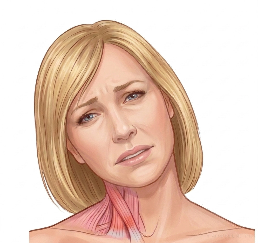 Illustration of a woman with cervical dystonia, her head tilted to one side by a tight, highlighted neck muscle