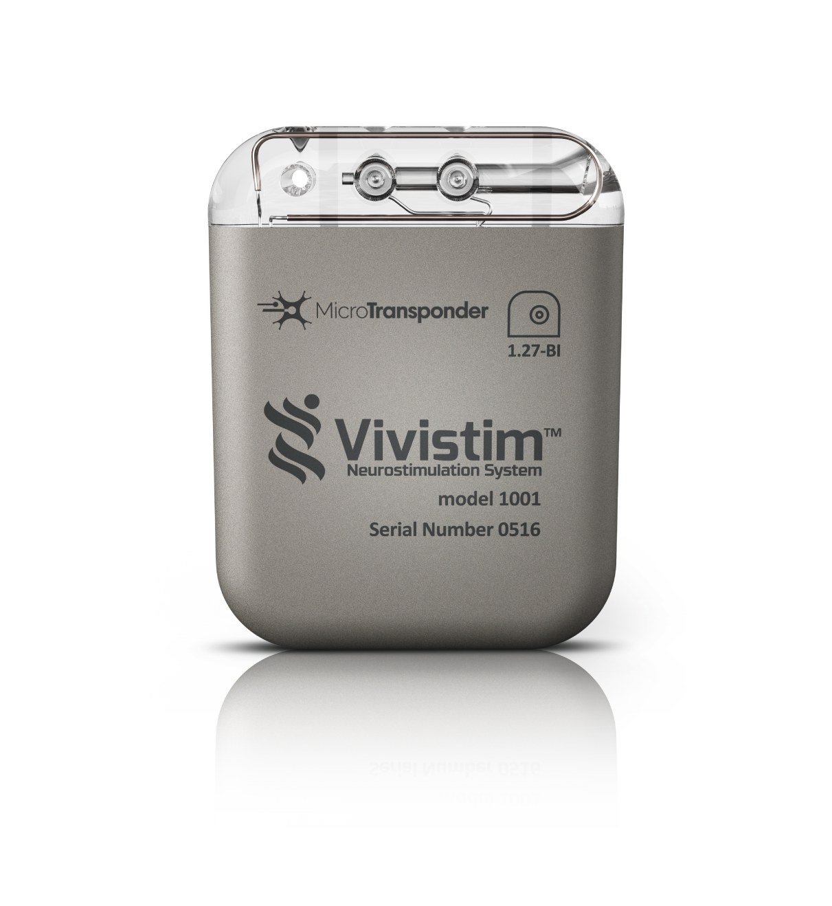 The Vivistim implantable pulse generator, a small rectangular device with a clear header where the lead connects